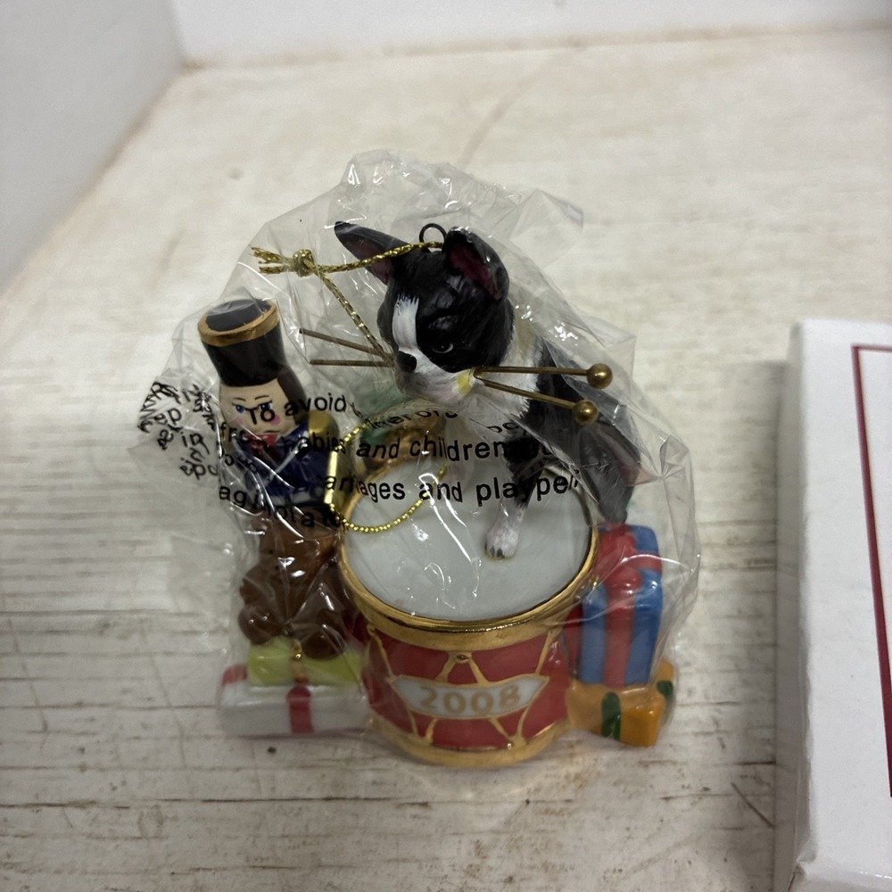 Danbury Mint Boston Terrier Christmas Drummer Ornament 2008 Nib